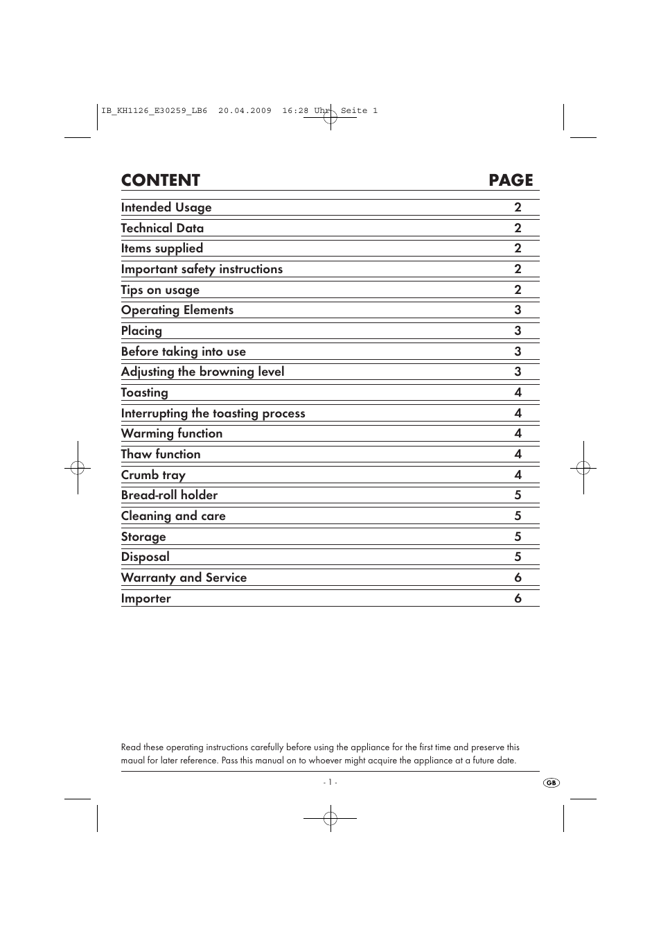 Content page | Kompernass KH 1126 User Manual | Page 3 / 8