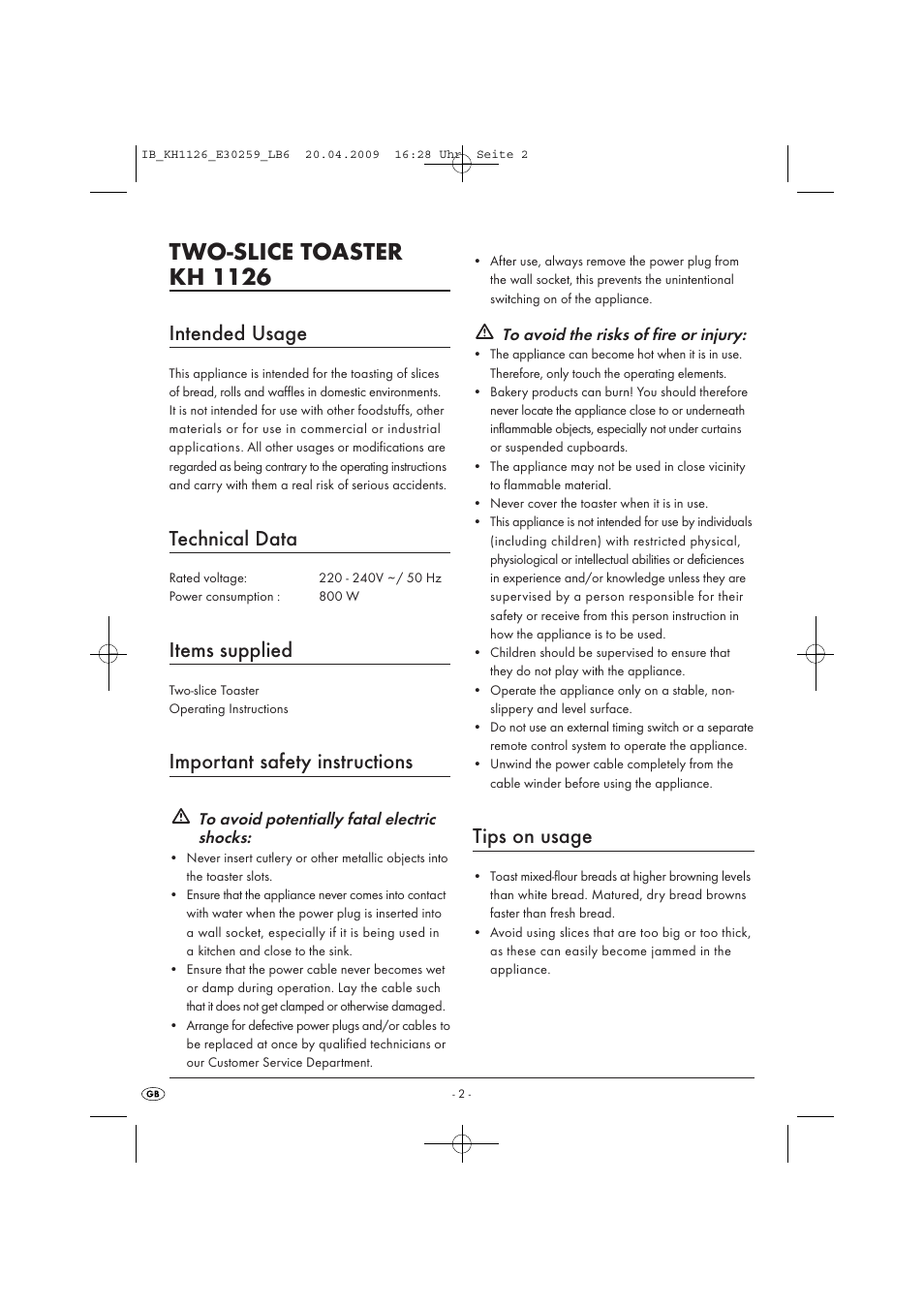 Two-slice toaster kh 1126, Intended usage, Technical data | Items supplied, Important safety instructions, Tips on usage | Kompernass KH 1126 User Manual | Page 4 / 8