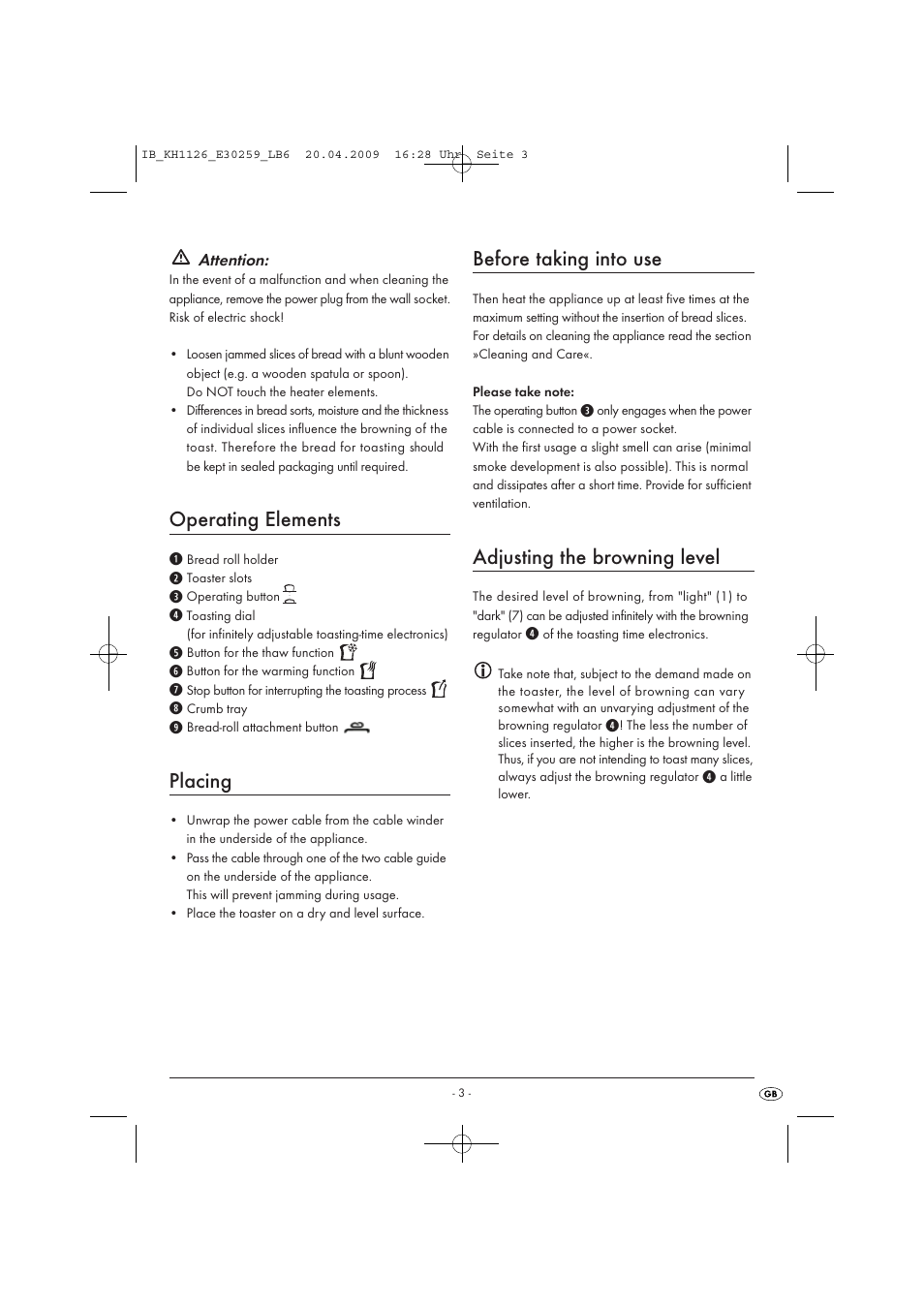 Operating elements, Placing, Before taking into use | Adjusting the browning level | Kompernass KH 1126 User Manual | Page 5 / 8