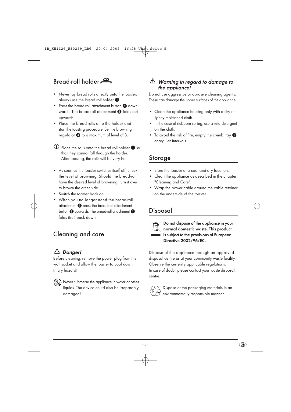 Bread-roll holder, Cleaning and care, Storage | Disposal | Kompernass KH 1126 User Manual | Page 7 / 8