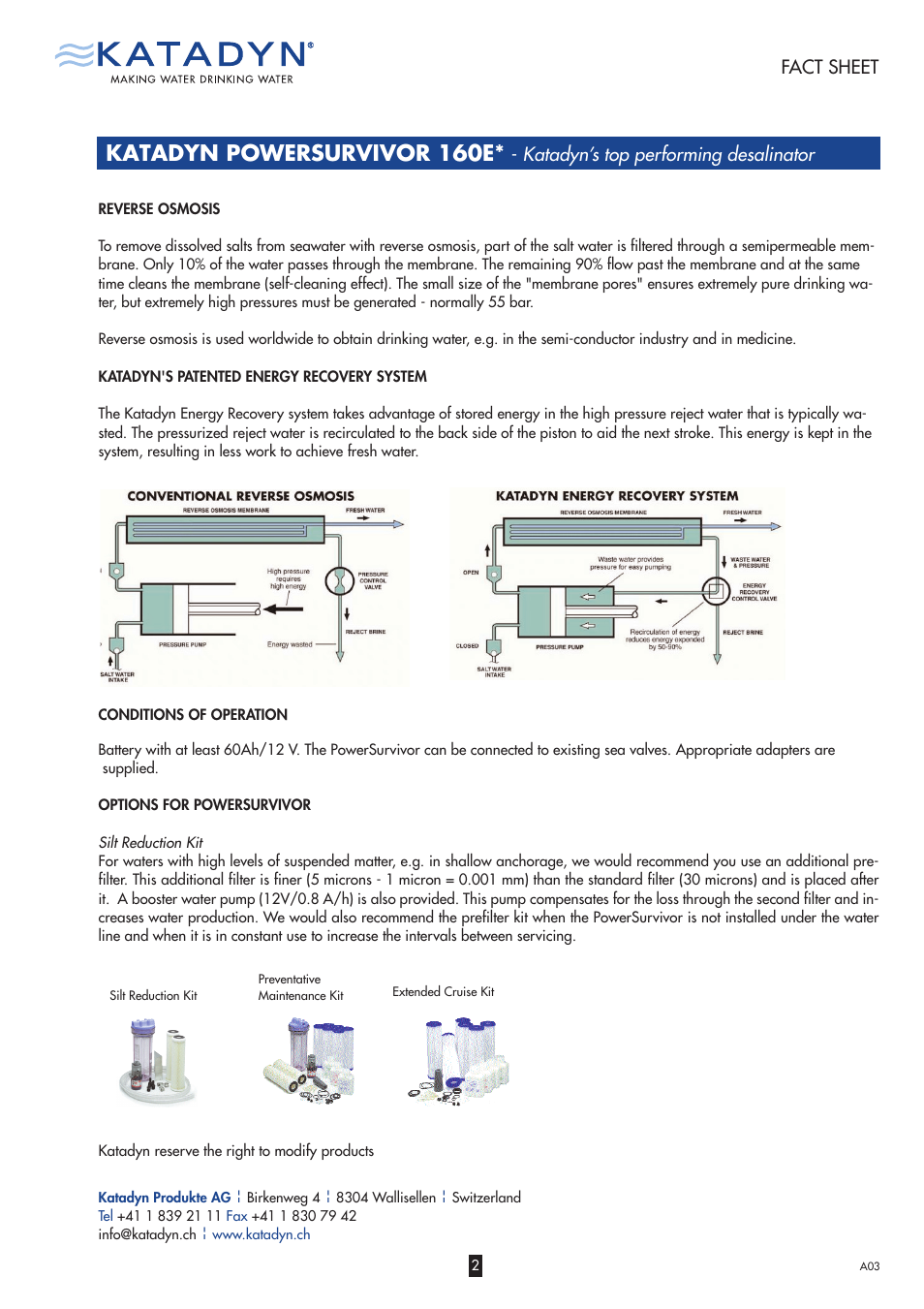 Katadyn powersurvivor 160e, Katadyn’s top performing desalinator fact sheet | Katadyn POWERSURVIVOR 160E User Manual | Page 2 / 2