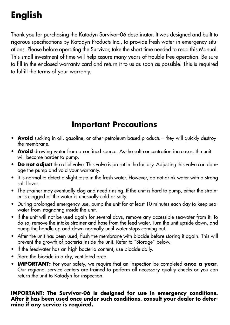 English, Important precautions | Katadyn SURVIVOR 06 8013418 User Manual | Page 2 / 6
