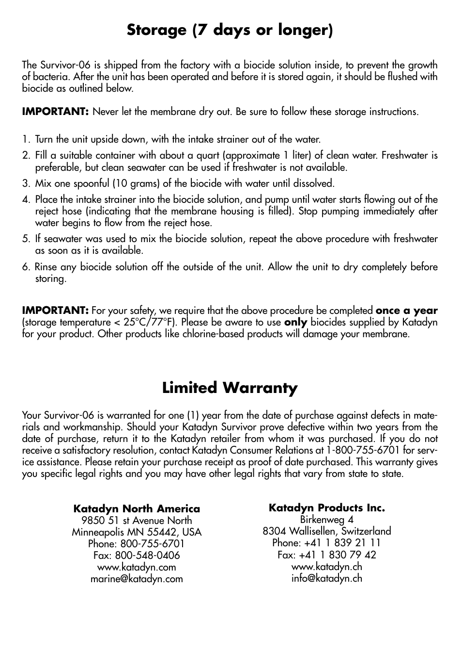 Limited warranty, Storage (7 days or longer) | Katadyn SURVIVOR 06 8013418 User Manual | Page 6 / 6