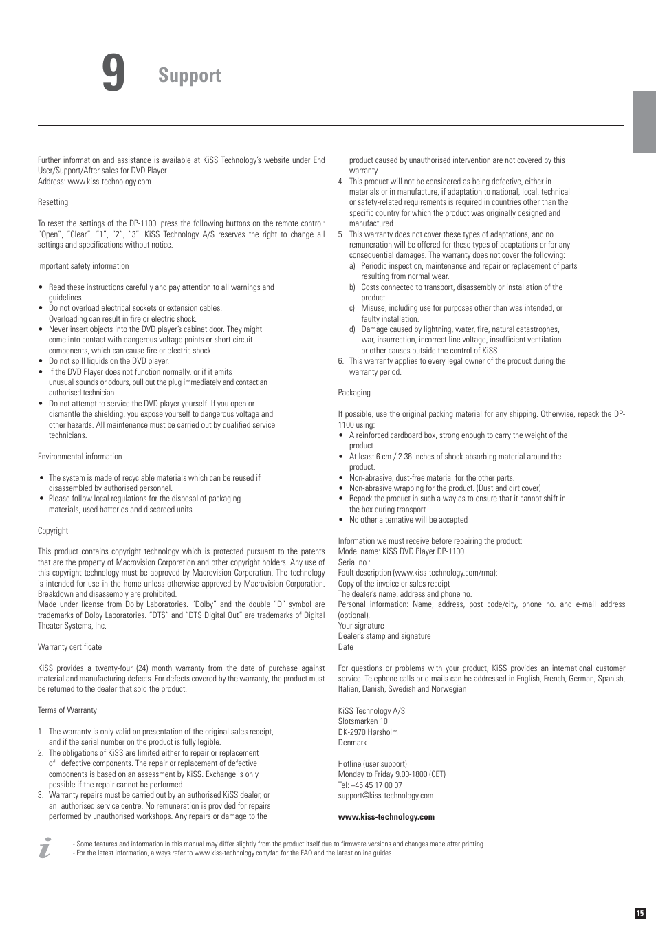 Support | KiSS Networked Entertainment DP-1100 User Manual | Page 11 / 15