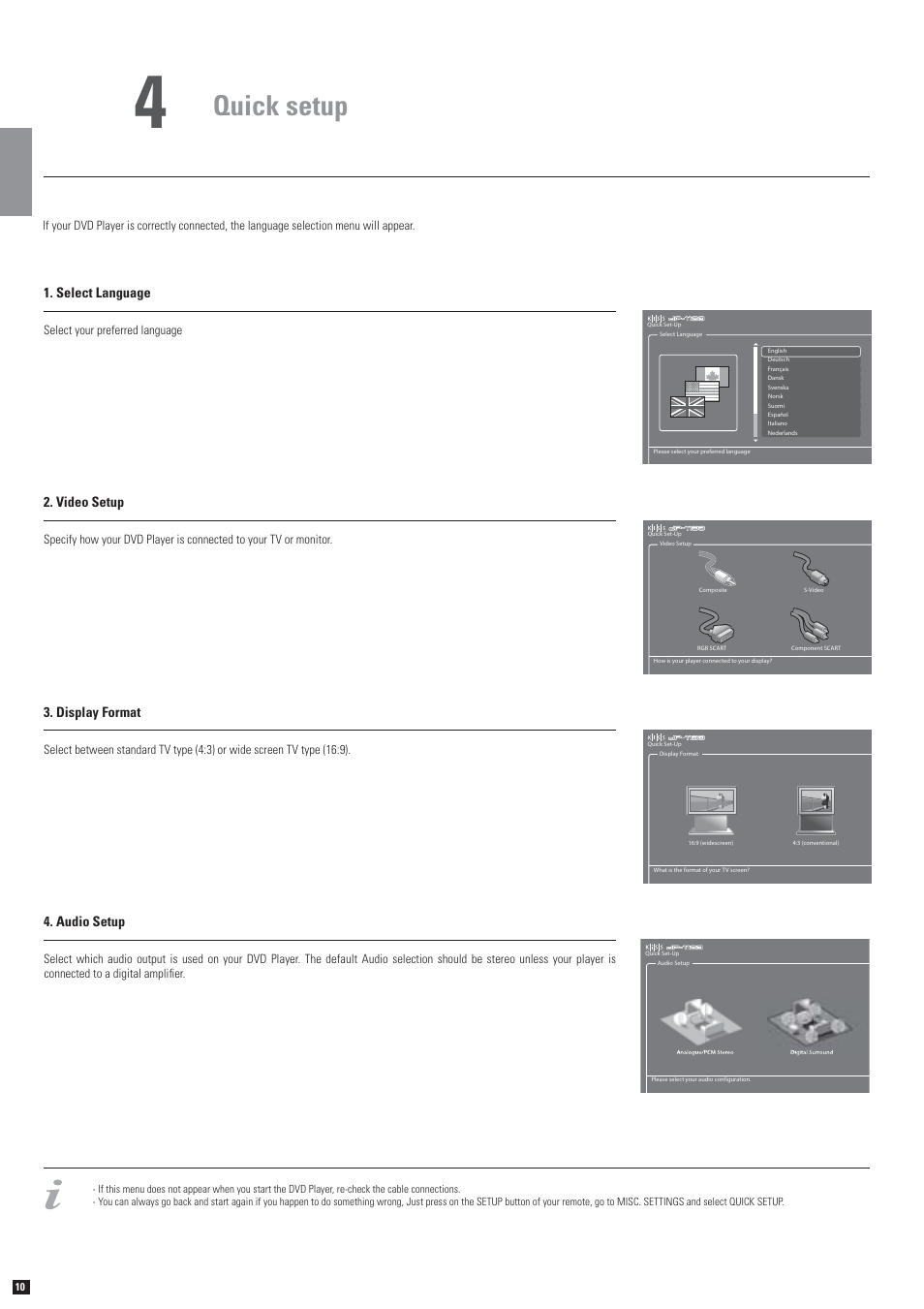 Quick setup, Select language, Video setup 3. display format | Audio setup | KiSS Networked Entertainment DP-1100 User Manual | Page 6 / 15