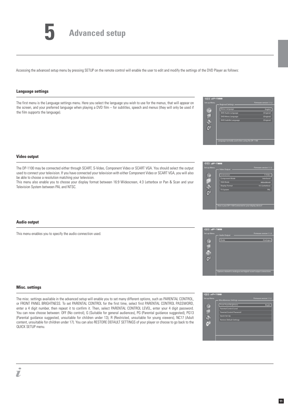 Advanced setup, Language settings video output, Audio output misc. settings | KiSS Networked Entertainment DP-1100 User Manual | Page 7 / 15