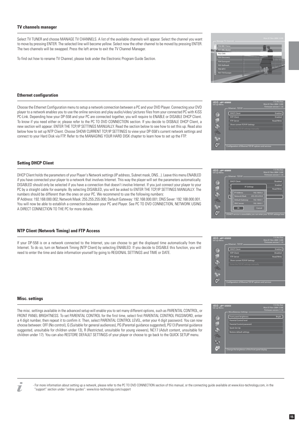 Tv channels manager, Ethernet configuration, Setting dhcp client | Misc. settings, Ntp client (network timing) and ftp access | KiSS Networked Entertainment DP-558 User Manual | Page 11 / 30