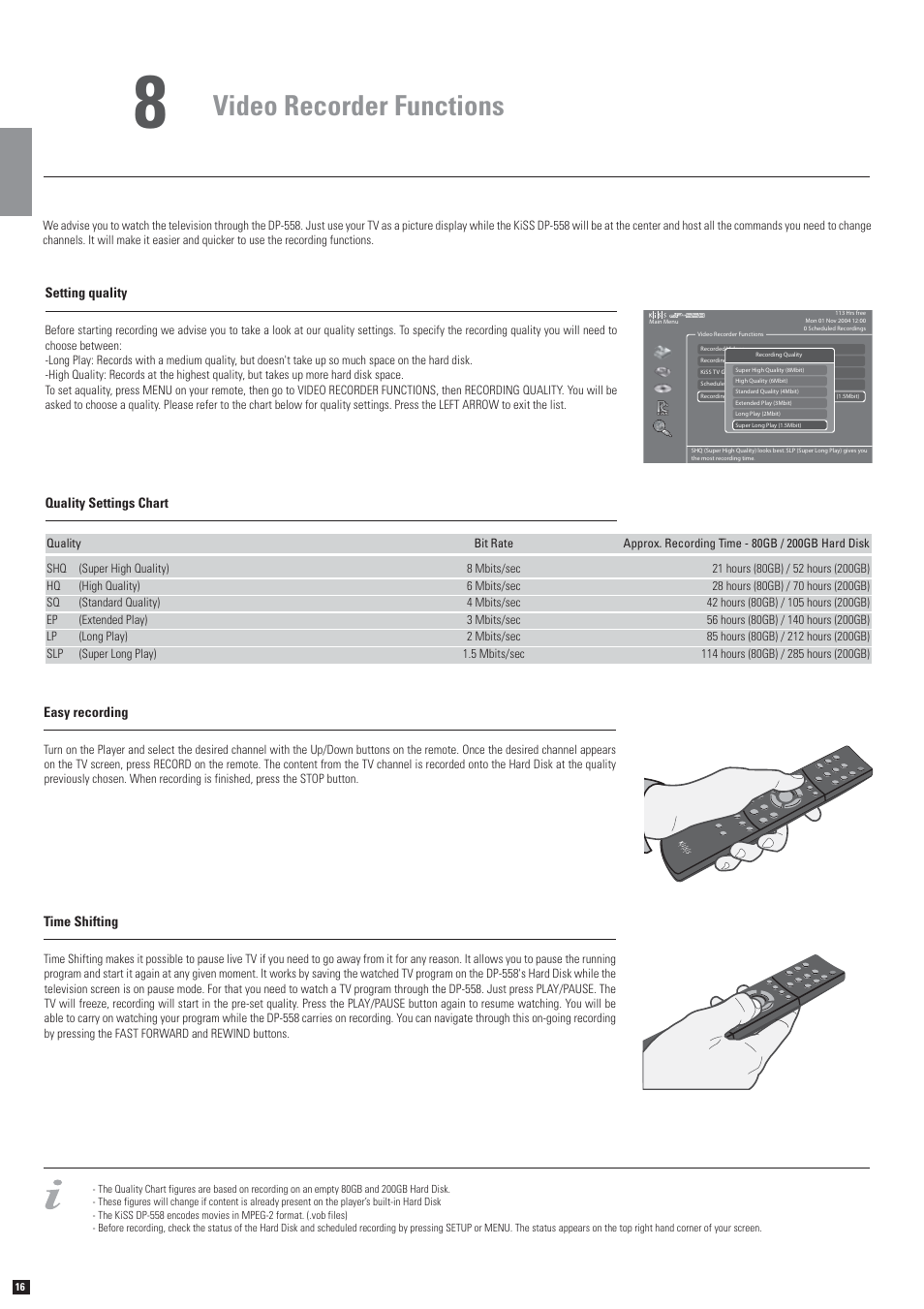 Video recorder functions | KiSS Networked Entertainment DP-558 User Manual | Page 12 / 30