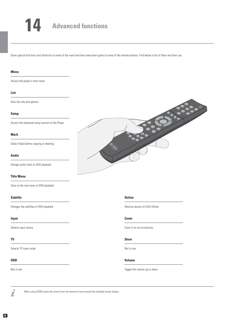 Advanced functions | KiSS Networked Entertainment DP-558 User Manual | Page 22 / 30