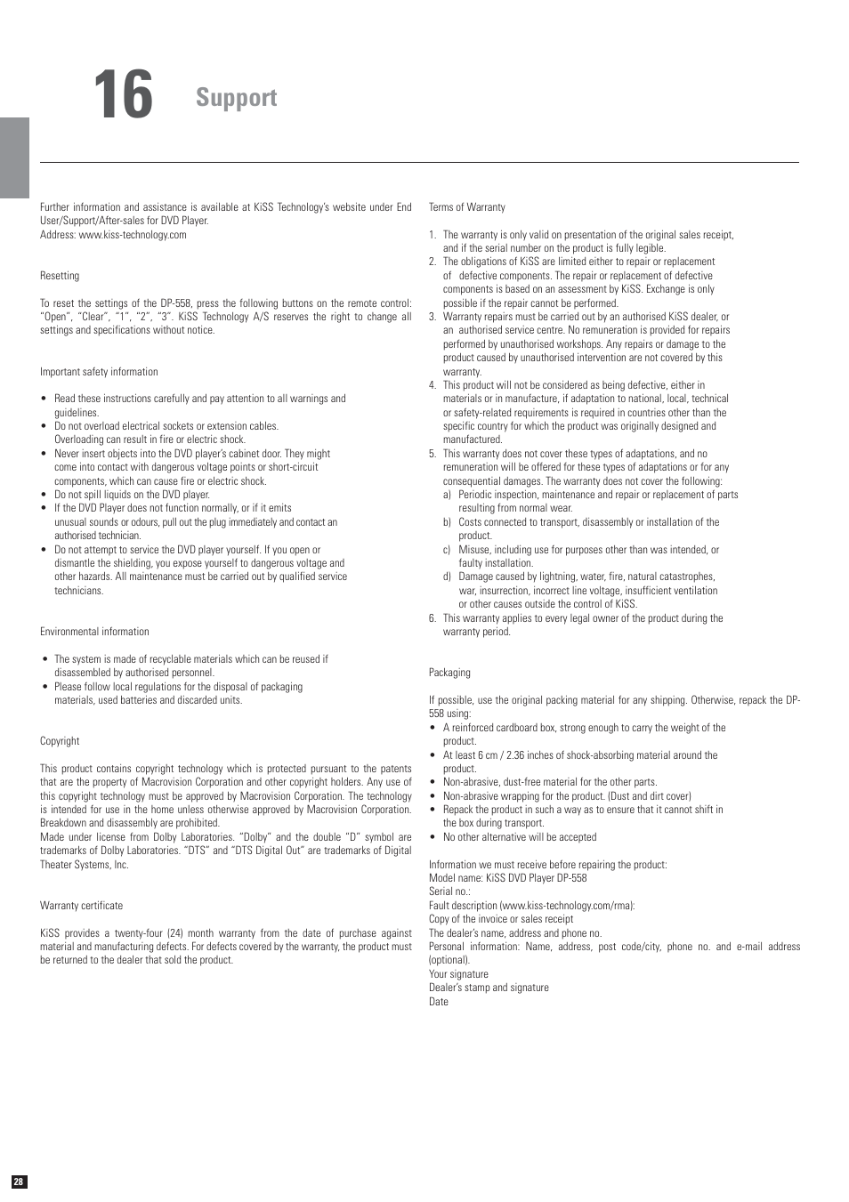 Support | KiSS Networked Entertainment DP-558 User Manual | Page 24 / 30