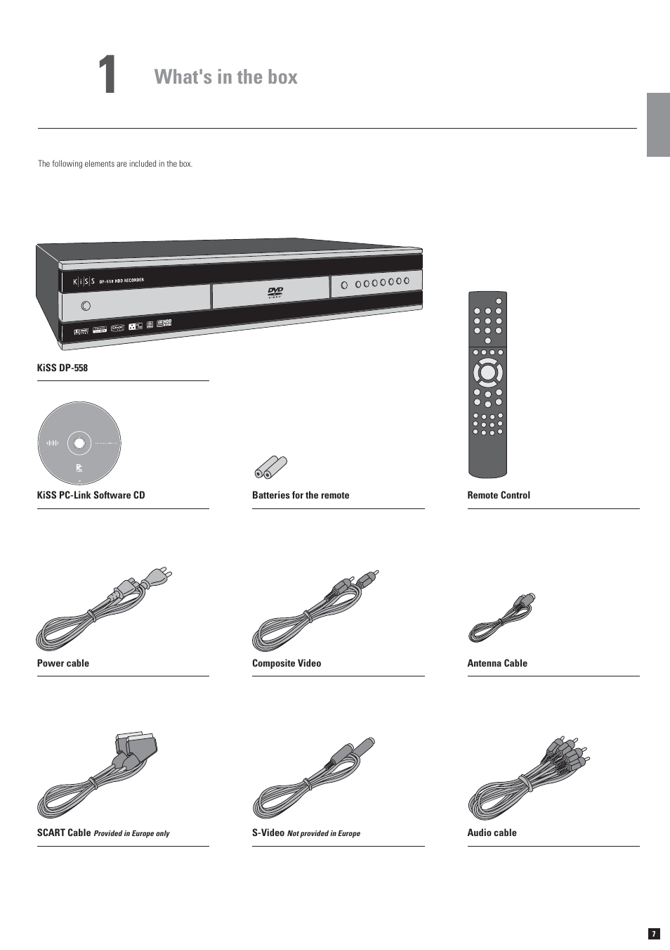 What's in the box | KiSS Networked Entertainment DP-558 User Manual | Page 3 / 30