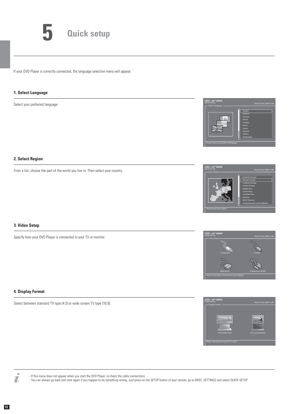 Quick setup, Select language, Select region 3. video setup 4. display format | KiSS Networked Entertainment DP-558 User Manual | Page 8 / 30