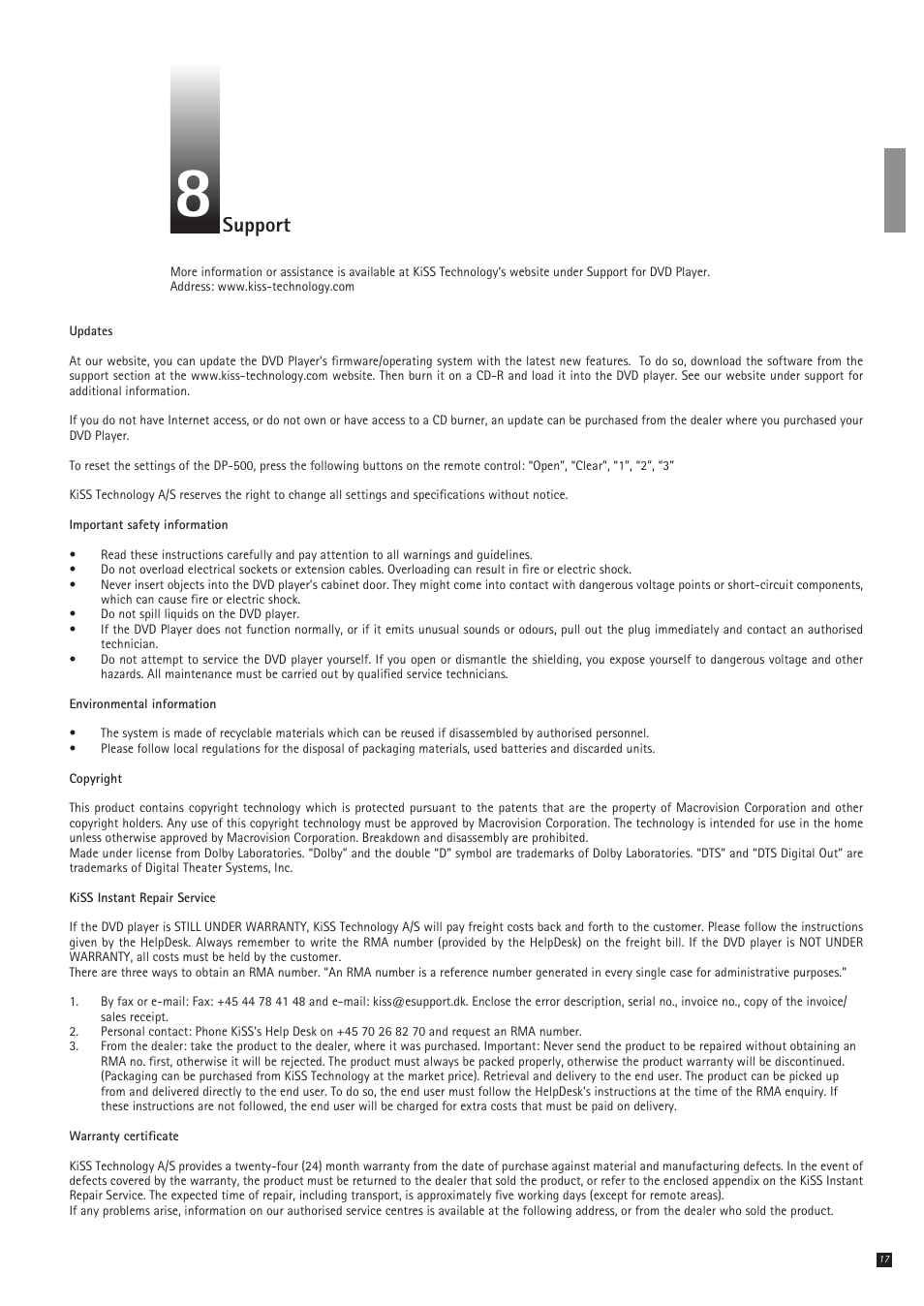 Support | KiSS Networked Entertainment DP-500 User Manual | Page 17 / 20