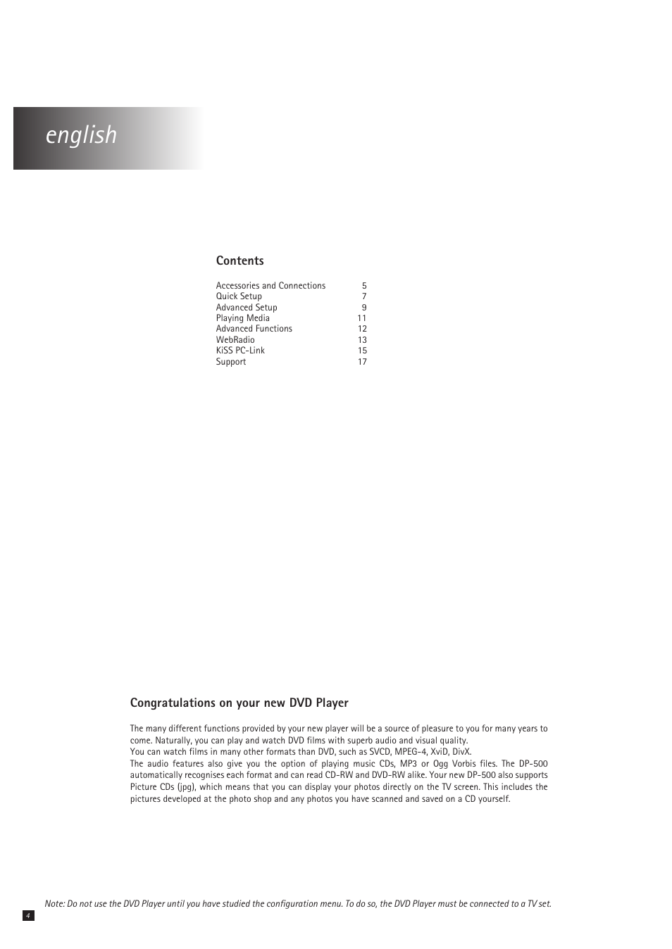 English | KiSS Networked Entertainment DP-500 User Manual | Page 4 / 20