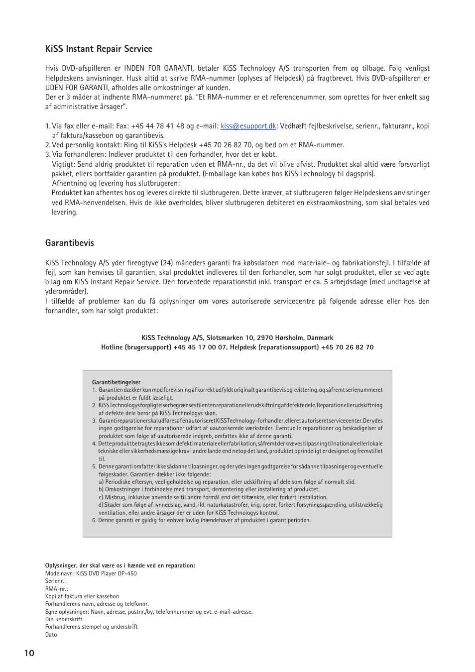10 11 kiss instant repair service, Garantibevis | KiSS Networked Entertainment DP-450 User Manual | Page 11 / 51
