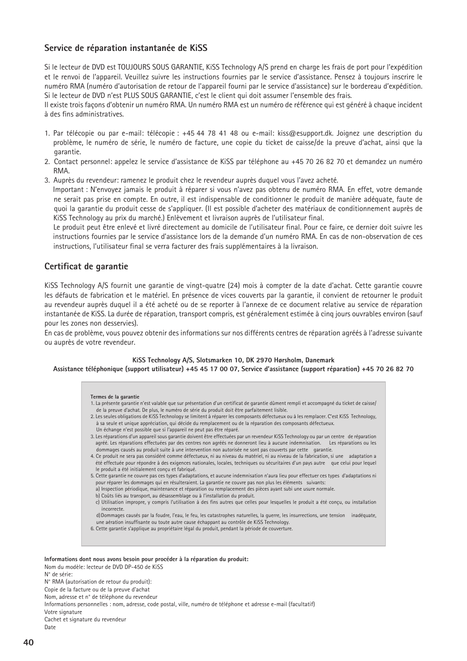 40 41 service de réparation instantanée de kiss, Certificat de garantie | KiSS Networked Entertainment DP-450 User Manual | Page 41 / 51