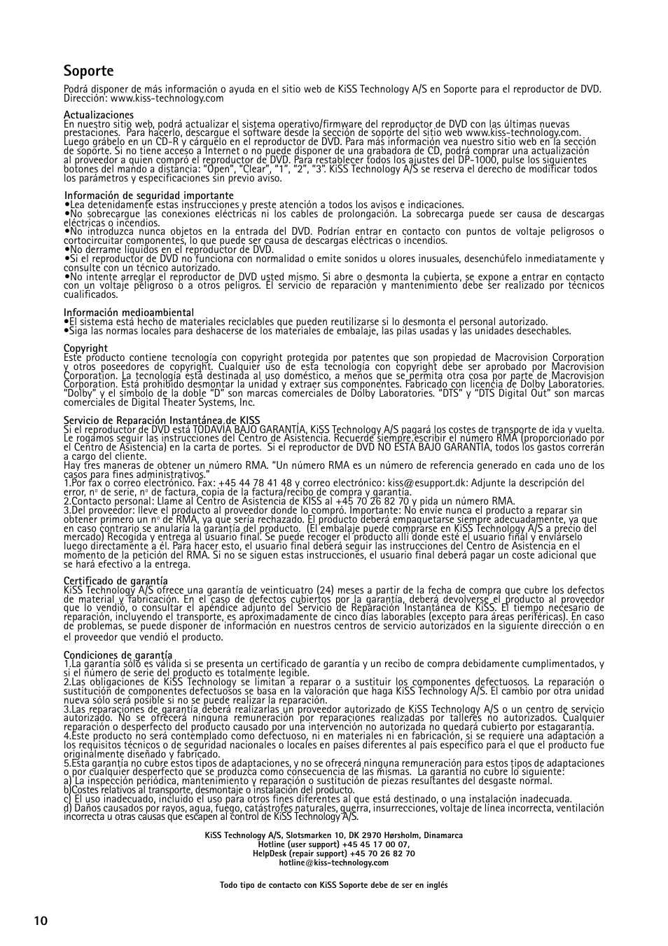 Soporte | KiSS Networked Entertainment DP-450 User Manual | Page 49 / 51