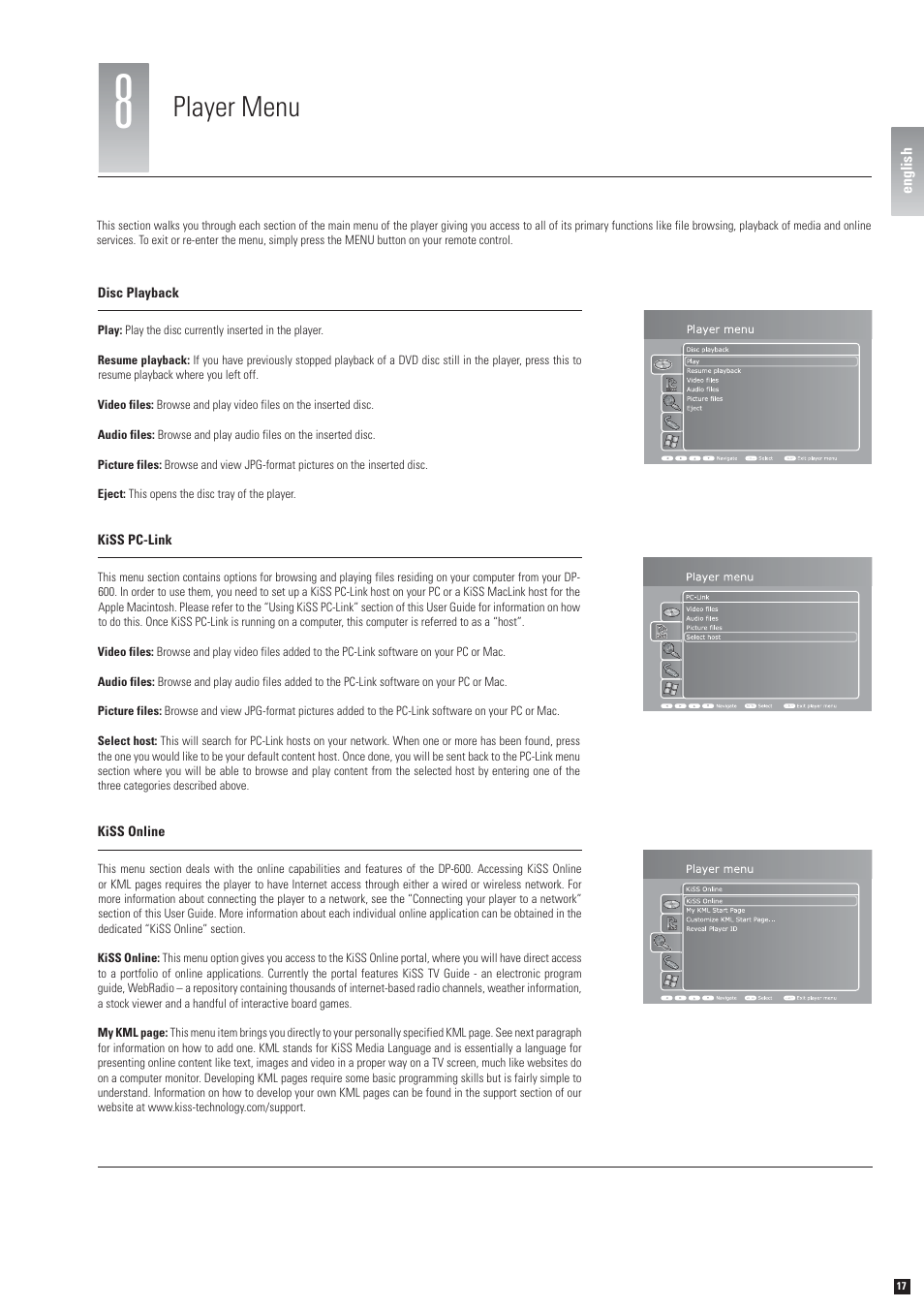 Player menu | KiSS Networked Entertainment KiSS DP-600 User Manual | Page 15 / 39