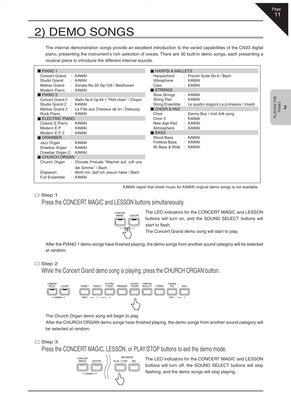 2) demo songs | Kawai CN33 User Manual | Page 11 / 72