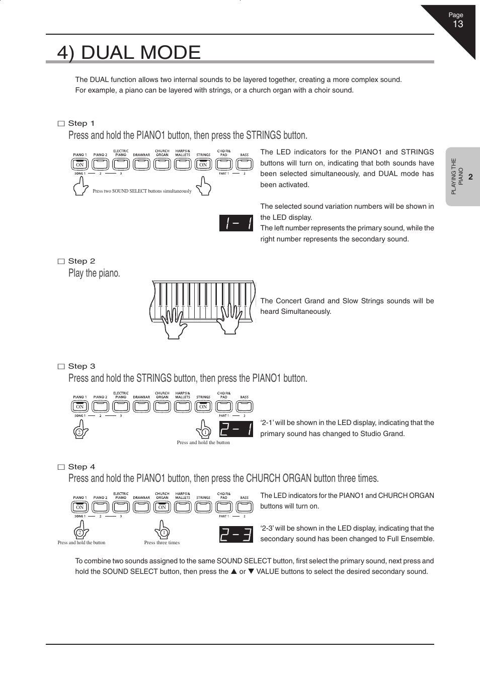 4) dual mode, Play the piano | Kawai CN33 User Manual | Page 13 / 72