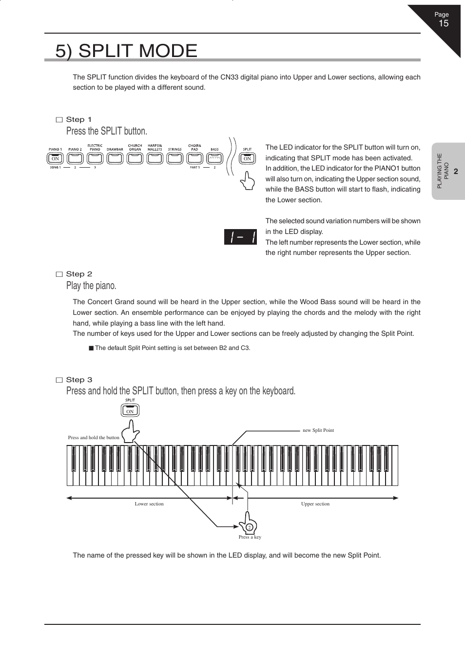 5) split mode, Press the split button, Play the piano | Kawai CN33 User Manual | Page 15 / 72