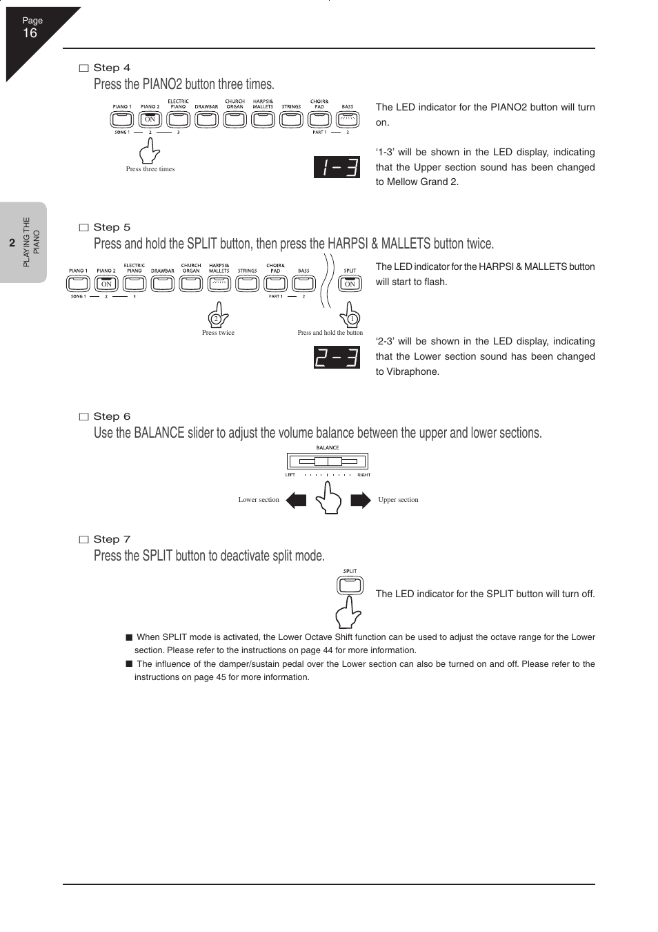 Press the piano2 button three times, Press the split button to deactivate split mode | Kawai CN33 User Manual | Page 16 / 72