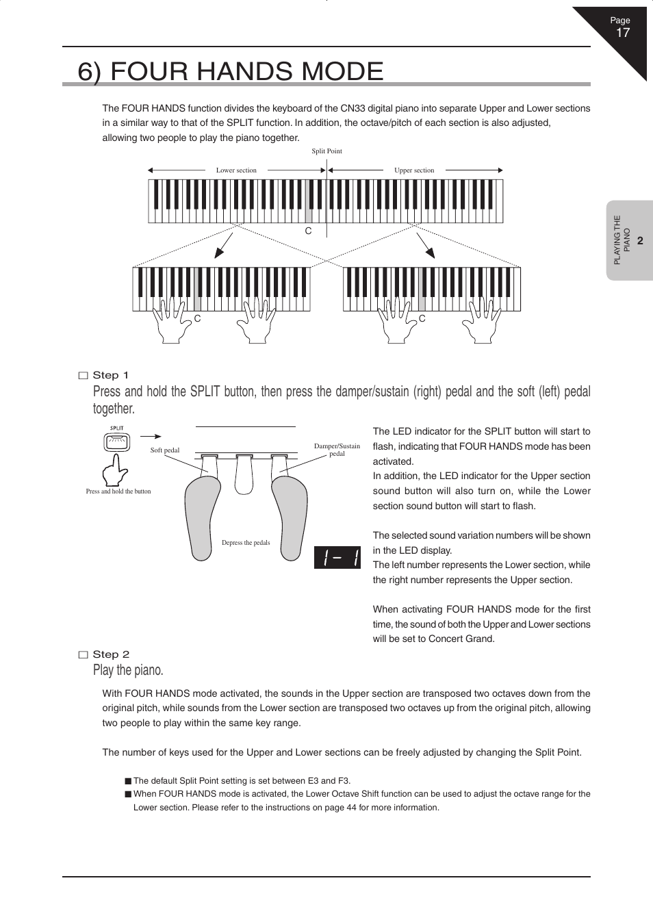 6) four hands mode, Play the piano | Kawai CN33 User Manual | Page 17 / 72