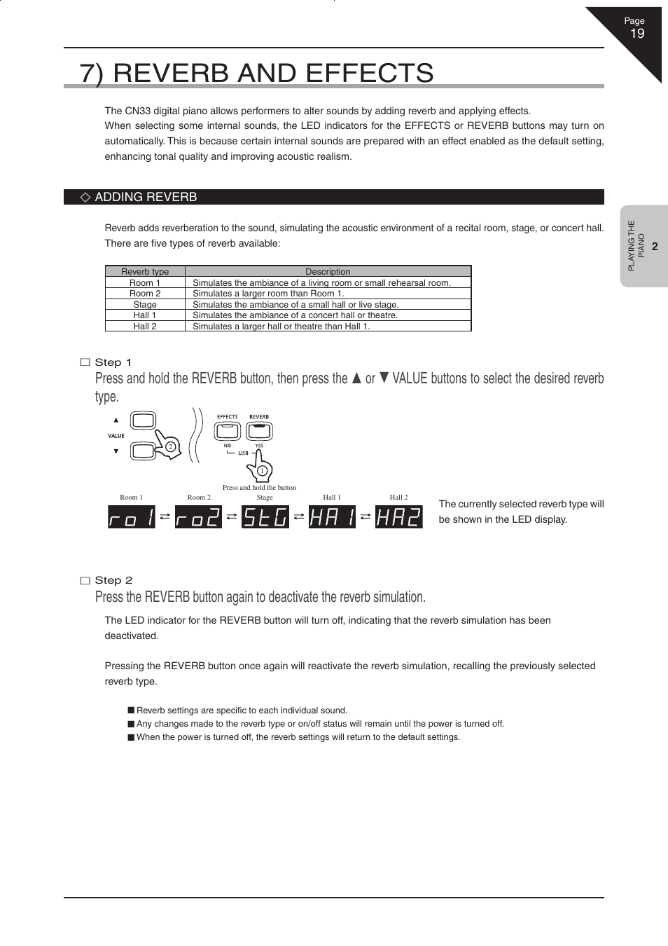 7) reverb and effects | Kawai CN33 User Manual | Page 19 / 72