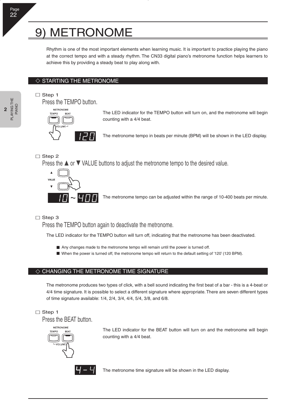 9) metronome, Press the tempo button, Press the beat button | Kawai CN33 User Manual | Page 22 / 72