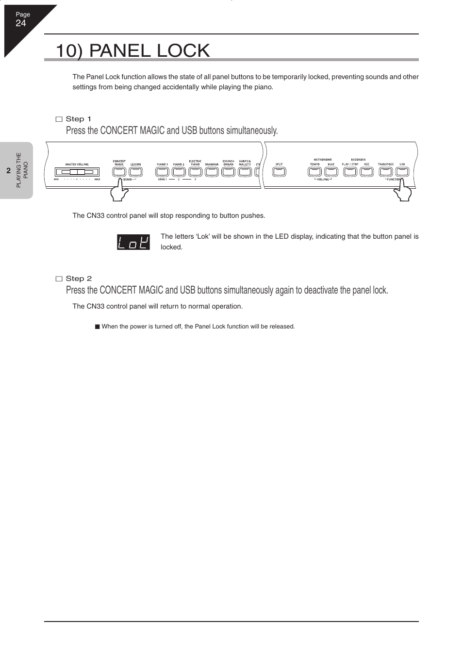 10) panel lock | Kawai CN33 User Manual | Page 24 / 72