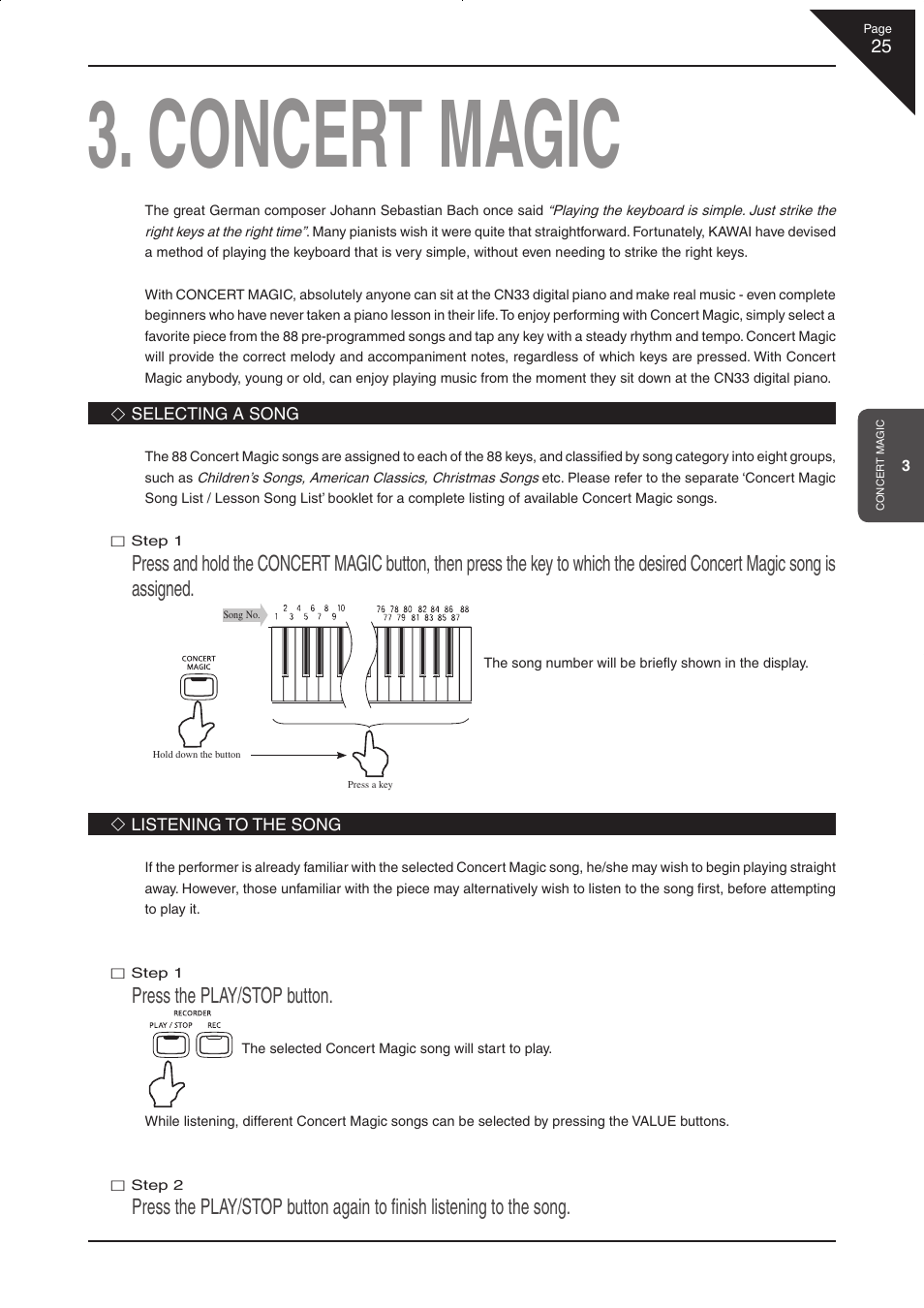 Concert magic, Press the play/stop button | Kawai CN33 User Manual | Page 25 / 72