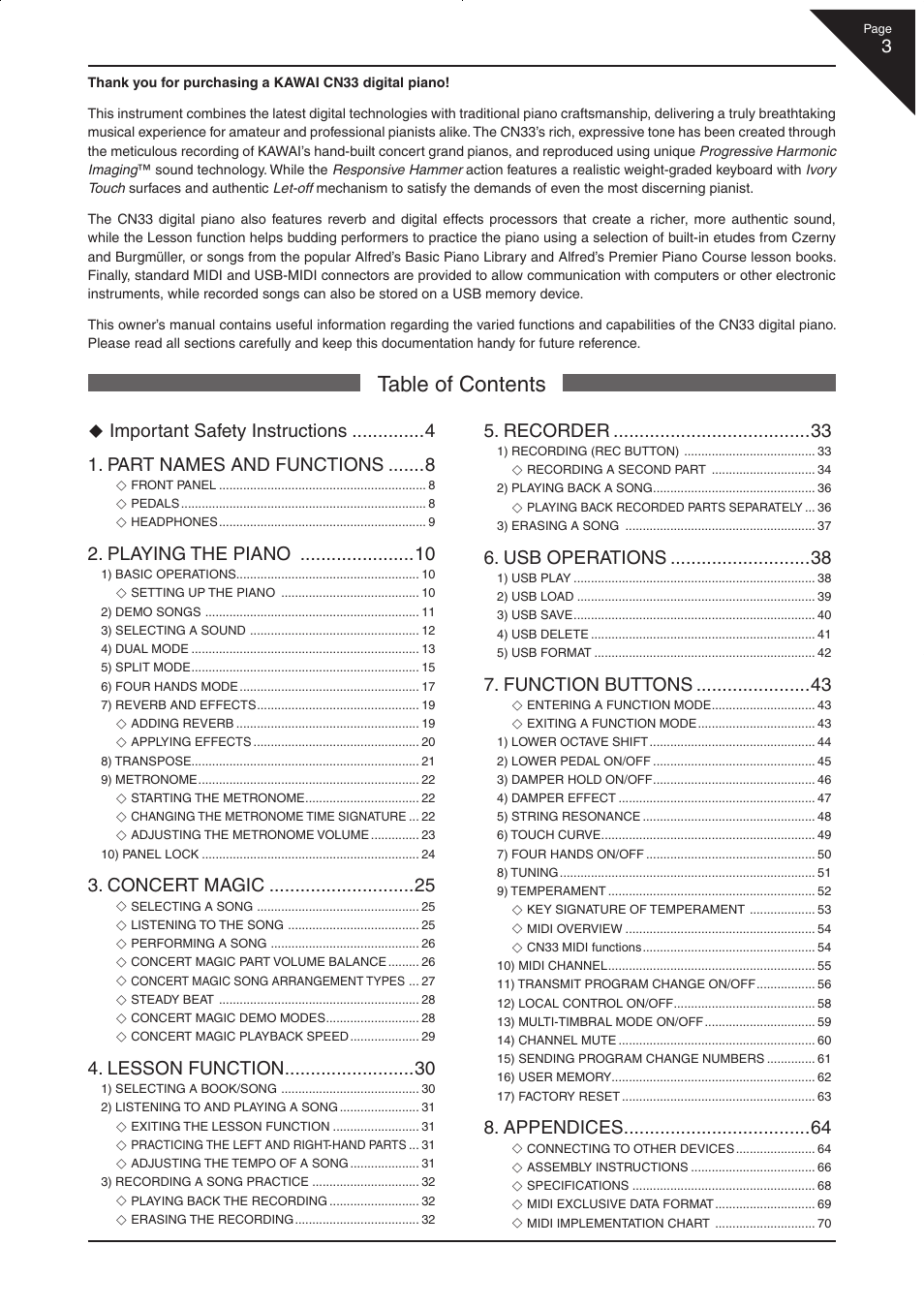 Kawai CN33 User Manual | Page 3 / 72