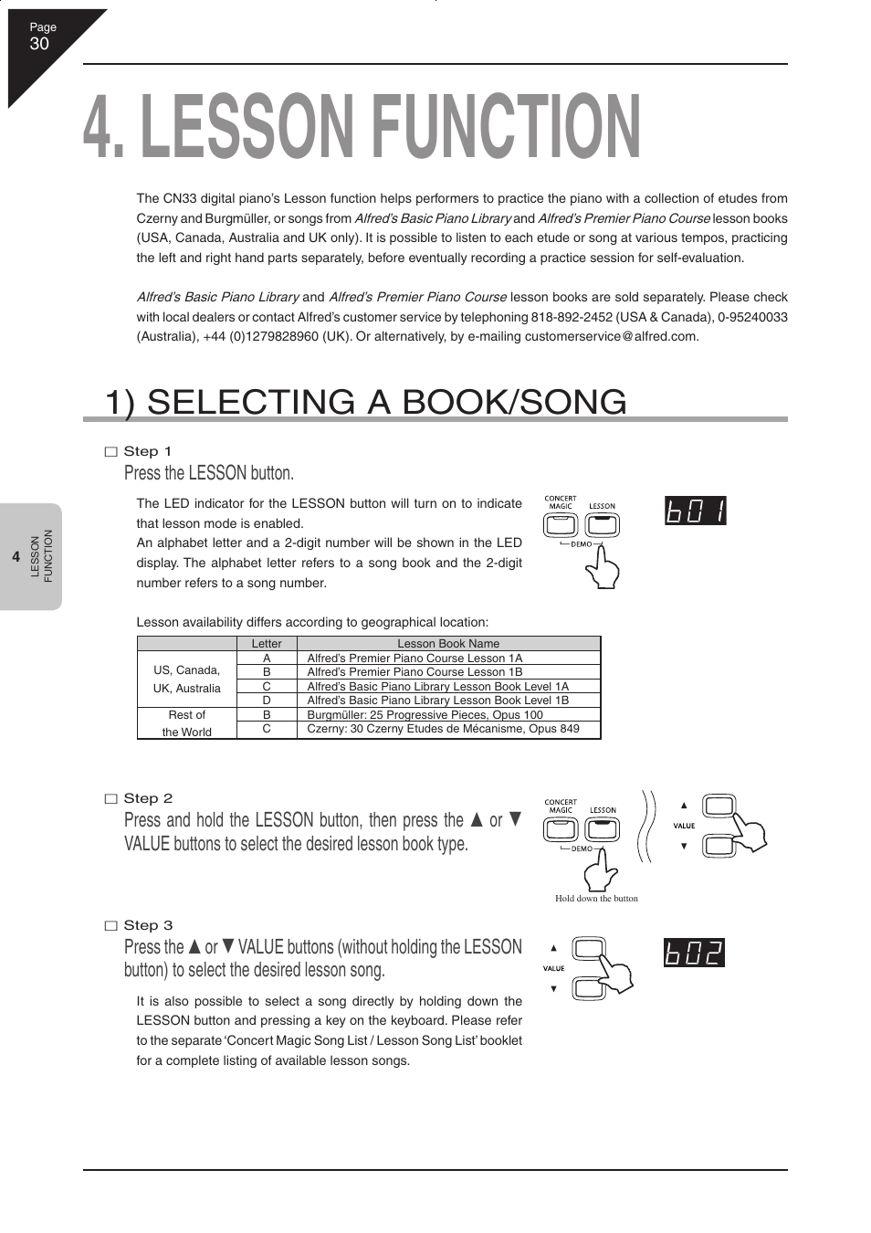 Lesson function, 1) selecting a book/song, Press the lesson button | Kawai CN33 User Manual | Page 30 / 72