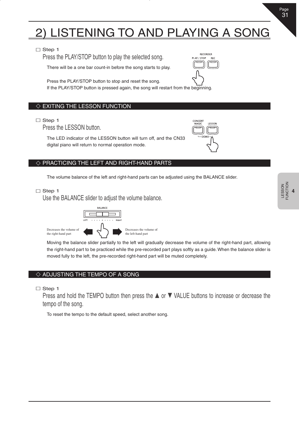 2) listening to and playing a song, Press the lesson button | Kawai CN33 User Manual | Page 31 / 72