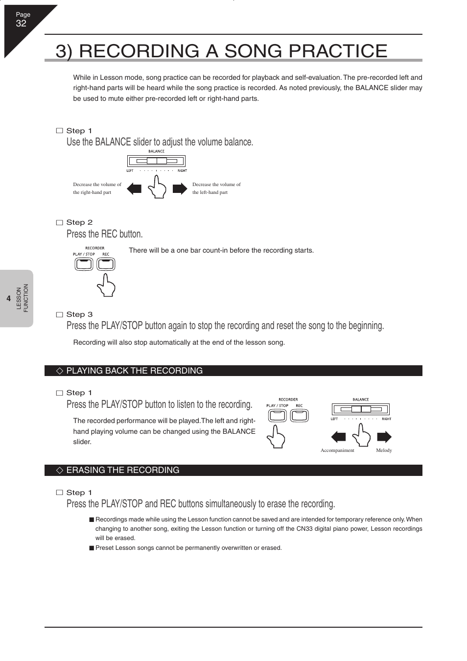 3) recording a song practice, Press the rec button | Kawai CN33 User Manual | Page 32 / 72