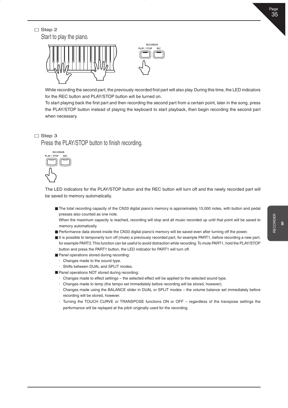 Start to play the piano, Press the play/stop button to ﬁnish recording | Kawai CN33 User Manual | Page 35 / 72