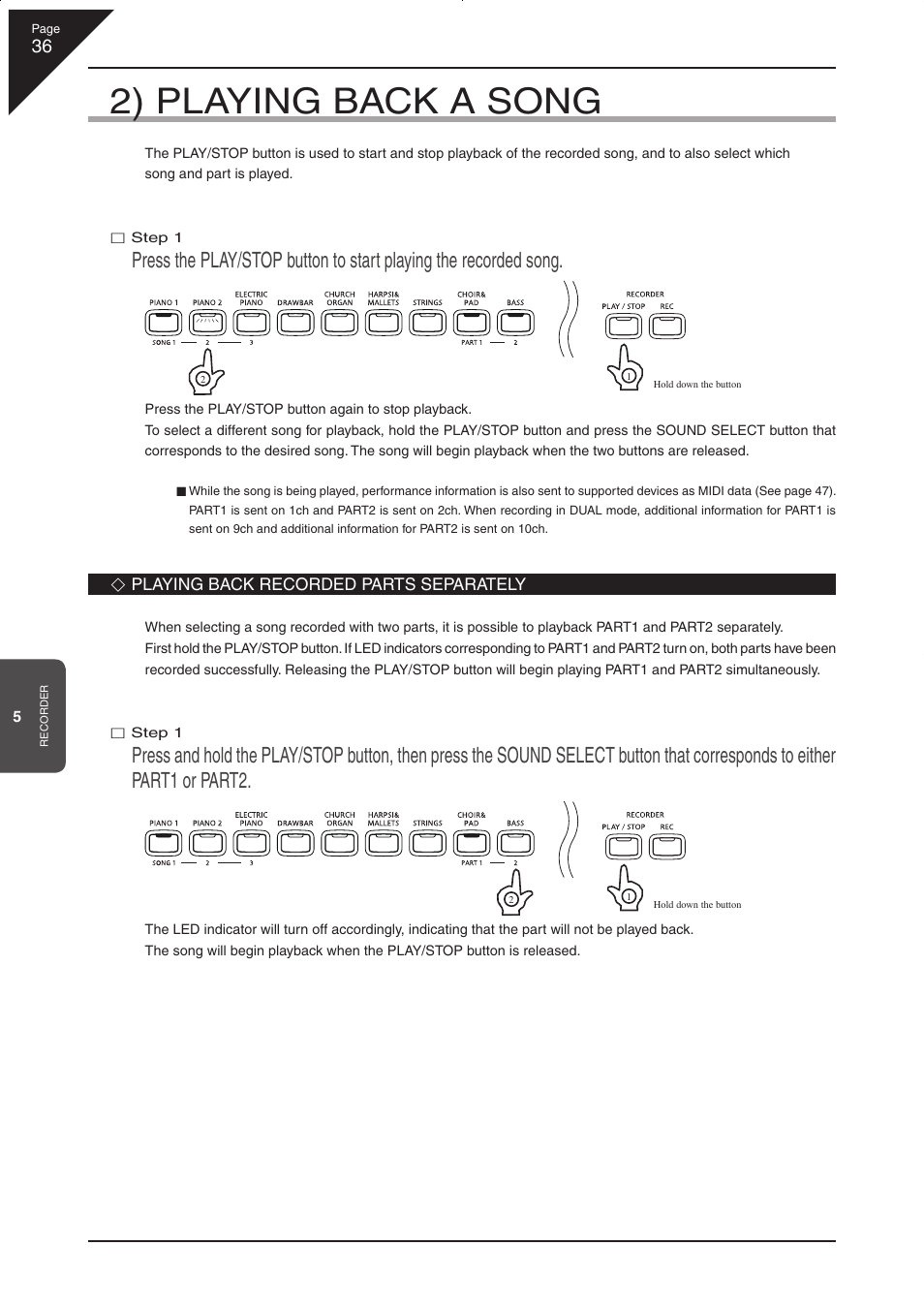 2) playing back a song | Kawai CN33 User Manual | Page 36 / 72