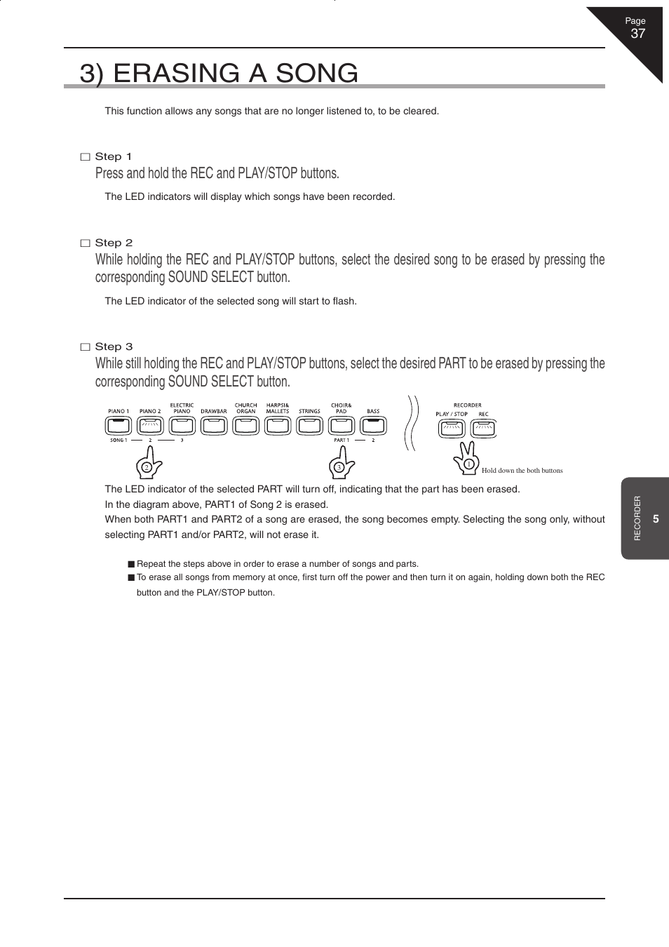 3) erasing a song, Press and hold the rec and play/stop buttons | Kawai CN33 User Manual | Page 37 / 72