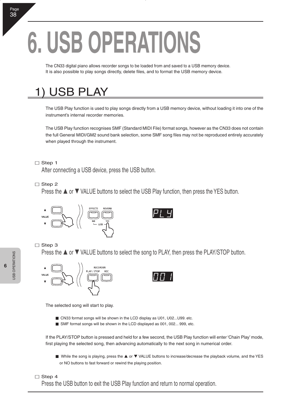 Usb operations, 1) usb play | Kawai CN33 User Manual | Page 38 / 72