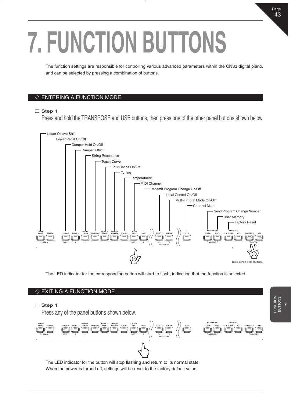 Function buttons, Press any of the panel buttons shown below | Kawai CN33 User Manual | Page 43 / 72