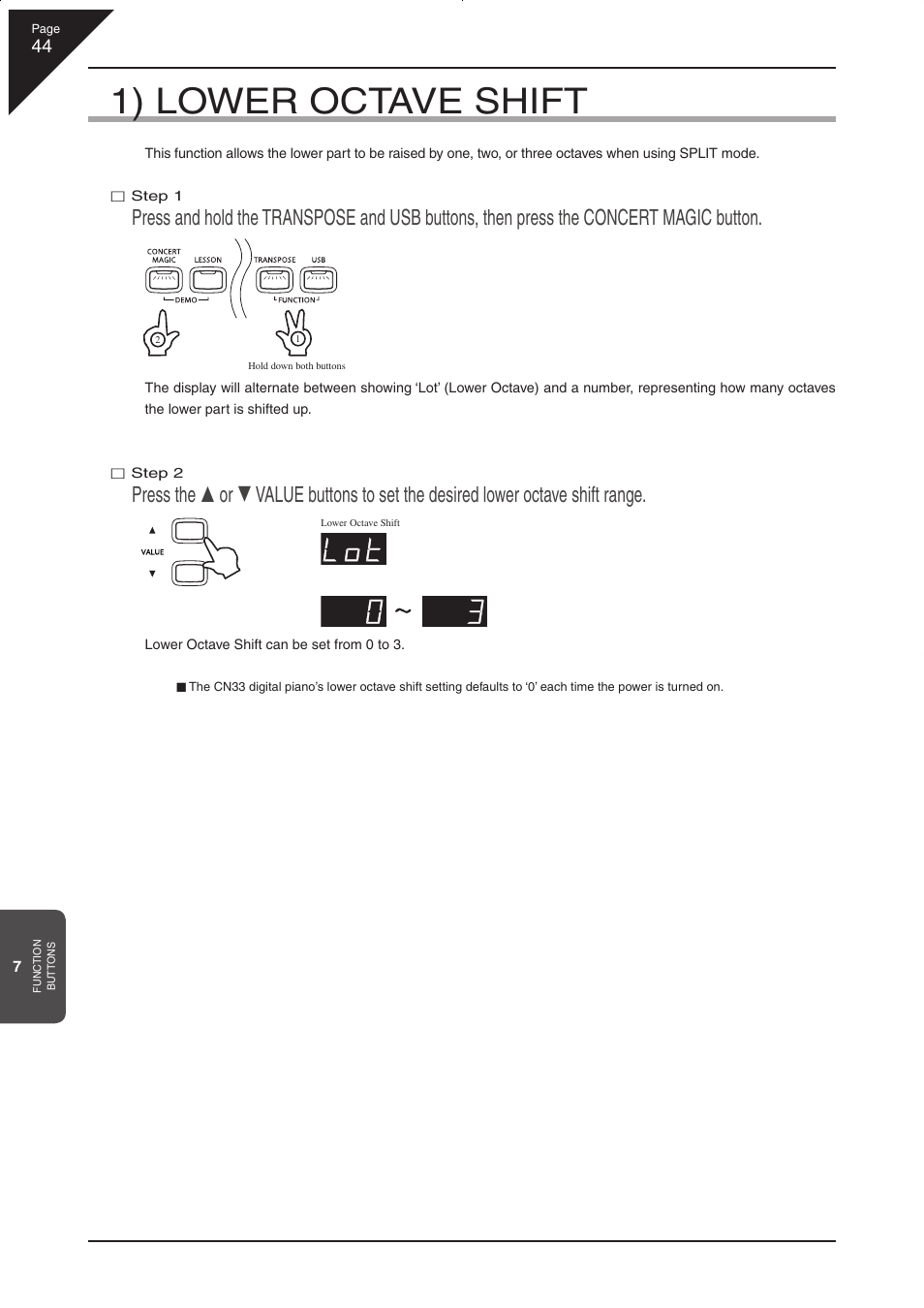 1) lower octave shift | Kawai CN33 User Manual | Page 44 / 72