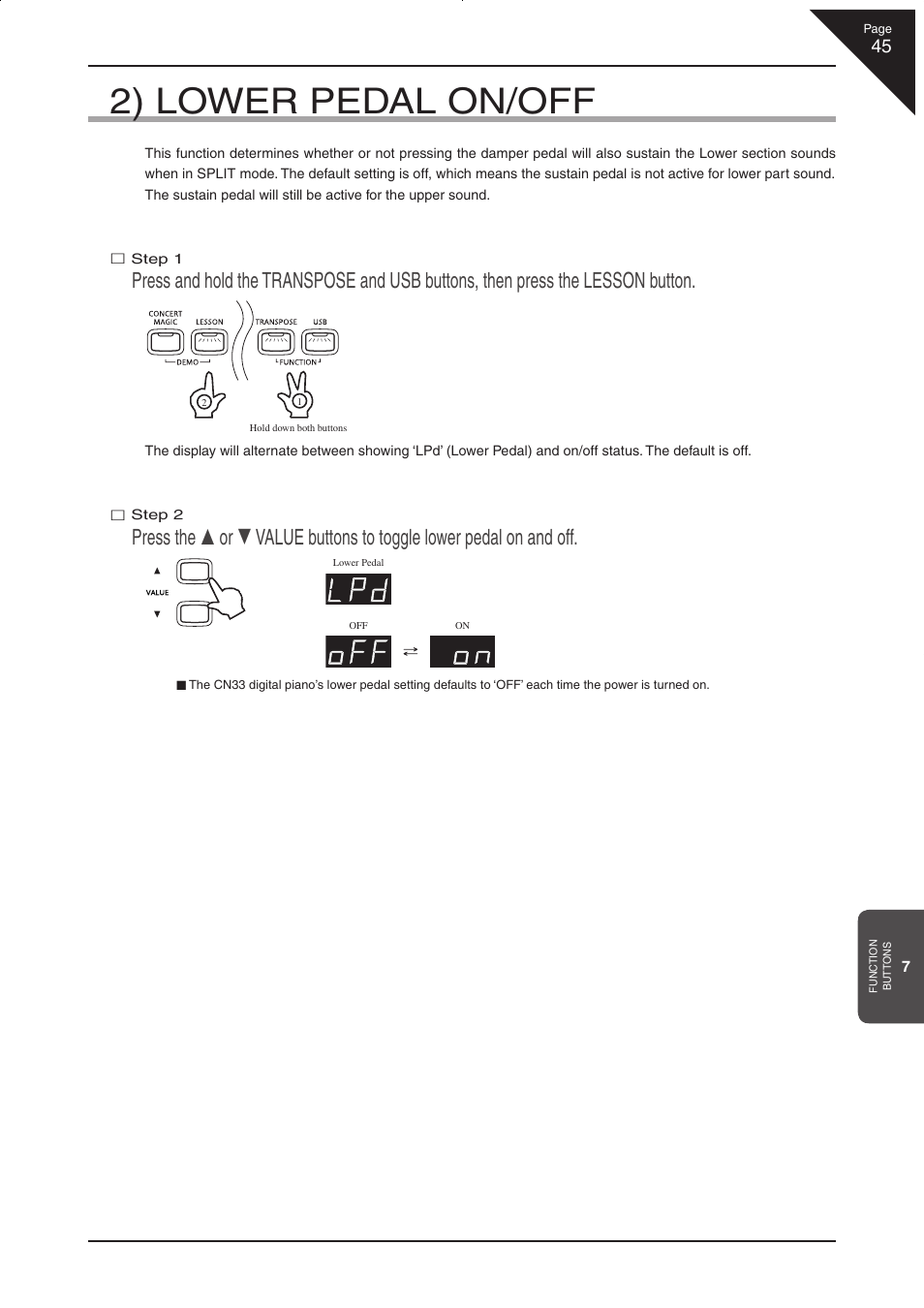 2) lower pedal on/off | Kawai CN33 User Manual | Page 45 / 72