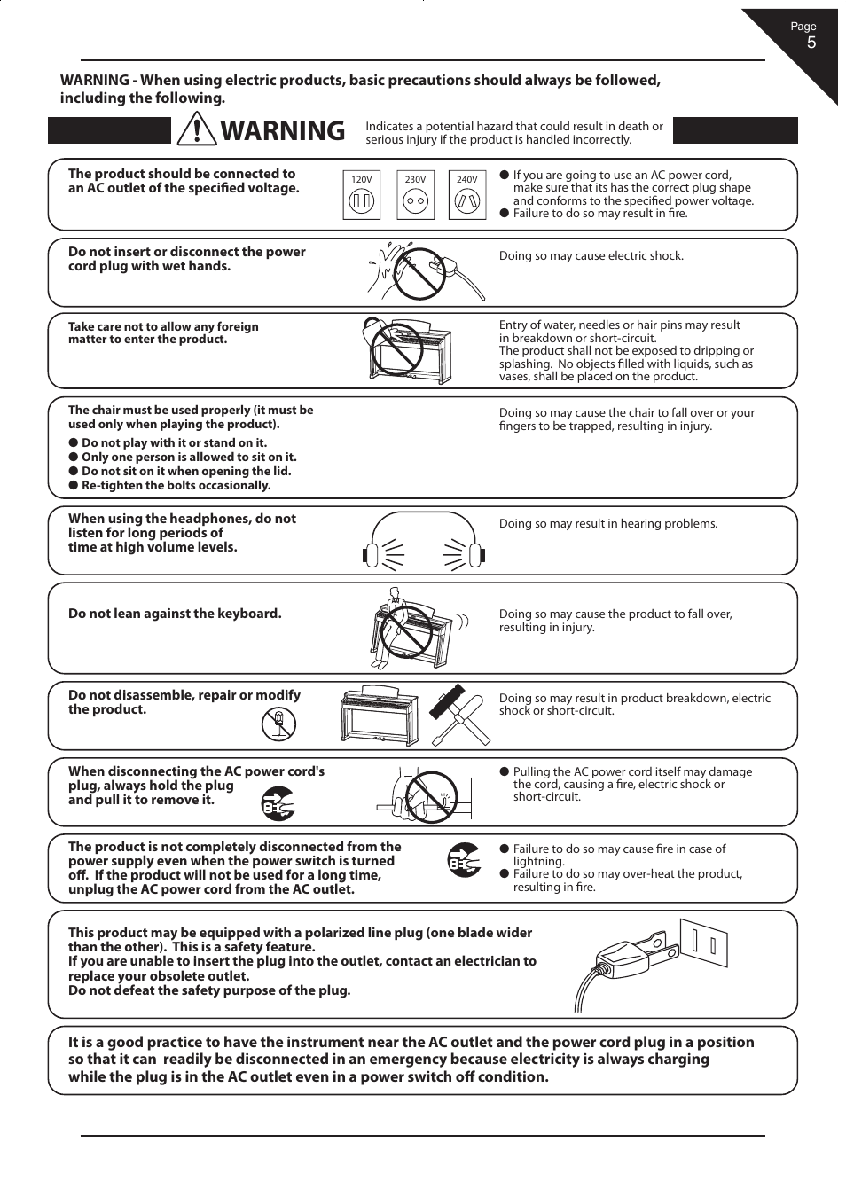 Warning | Kawai CN33 User Manual | Page 5 / 72