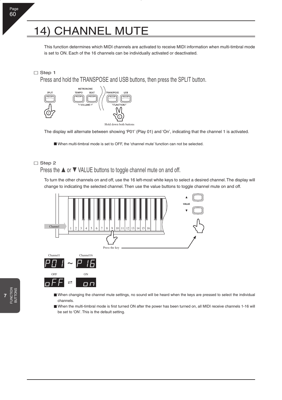 14) channel mute | Kawai CN33 User Manual | Page 60 / 72