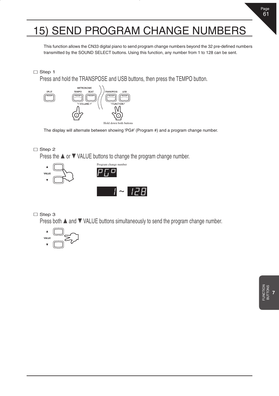 15) send program change numbers | Kawai CN33 User Manual | Page 61 / 72