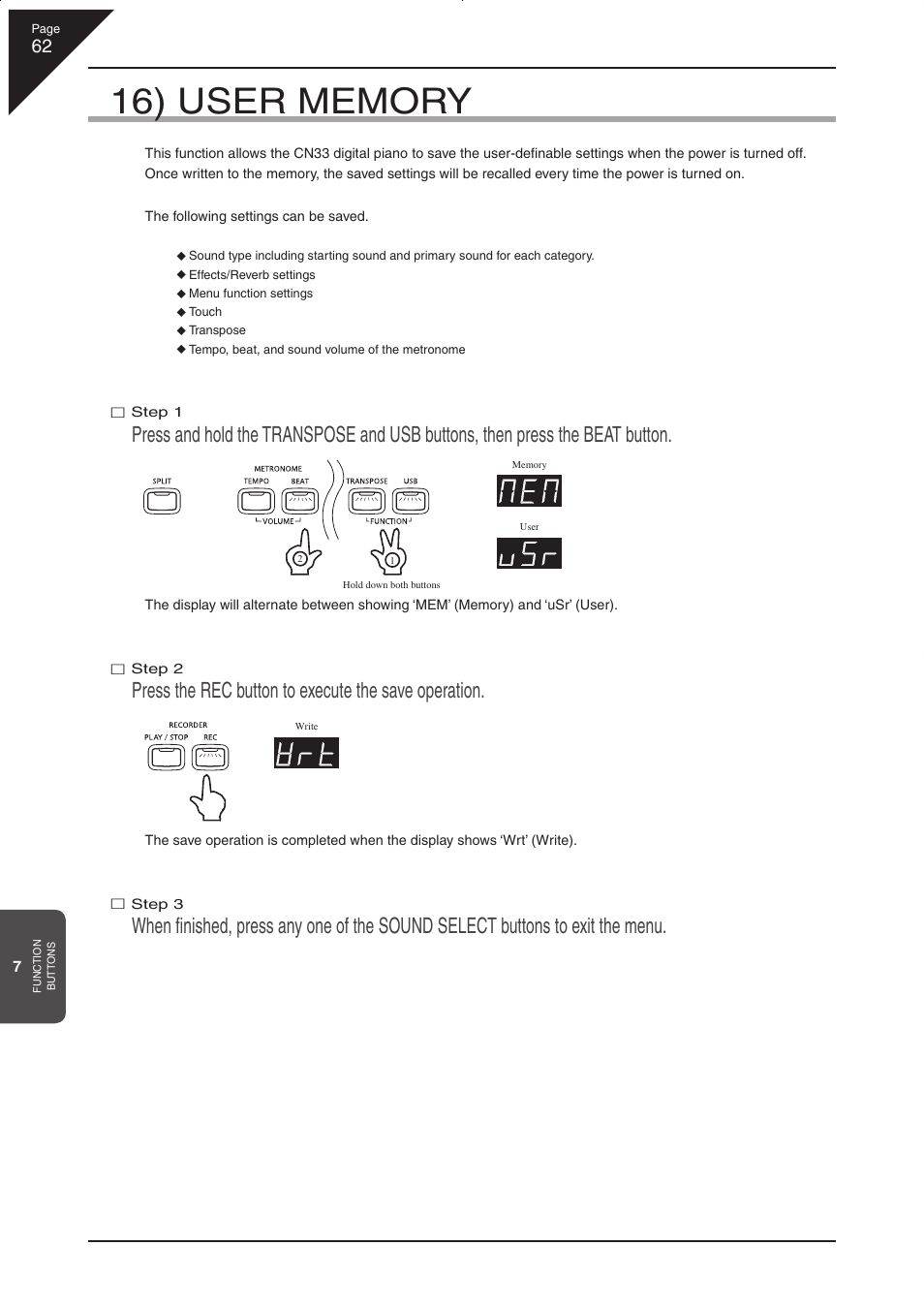 Press the rec button to execute the save operation | Kawai CN33 User Manual | Page 62 / 72