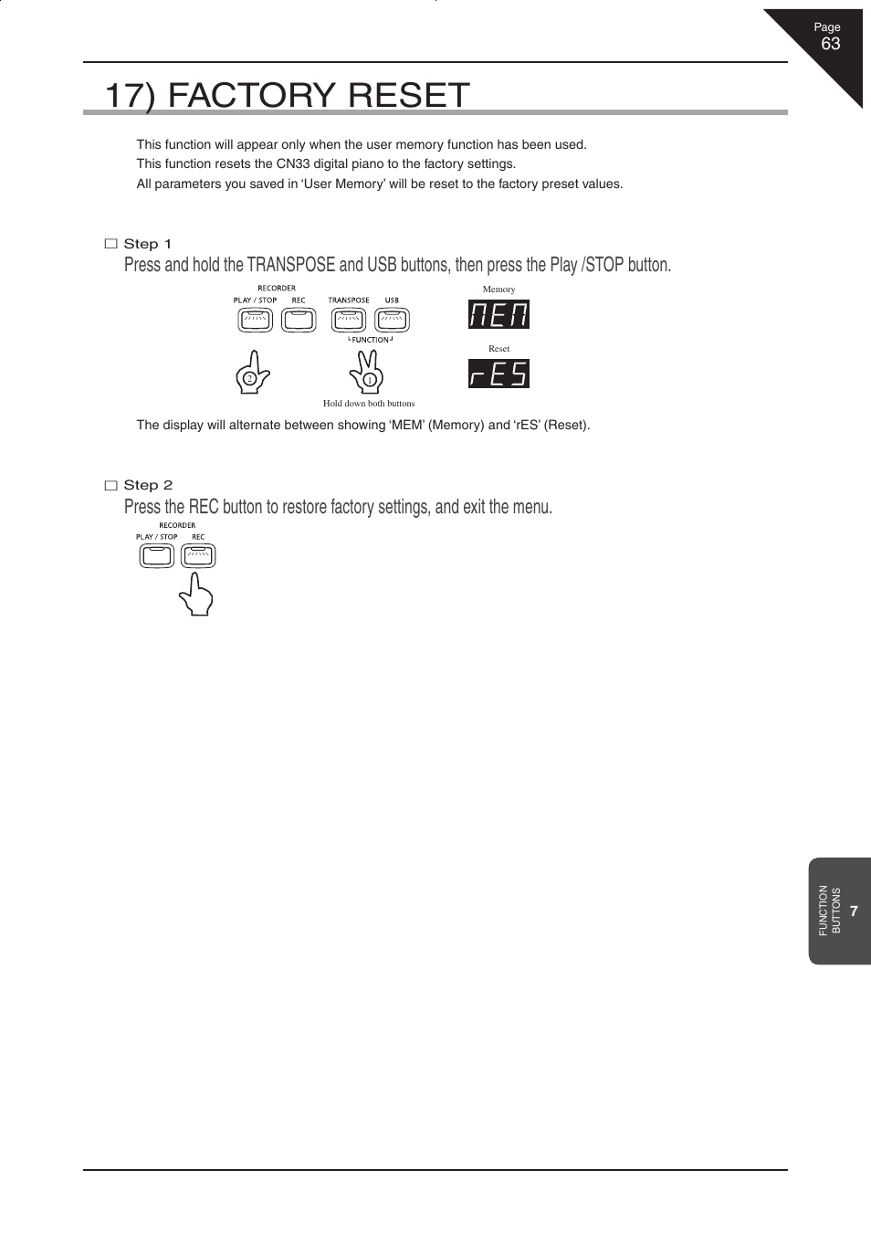 17) factory reset | Kawai CN33 User Manual | Page 63 / 72