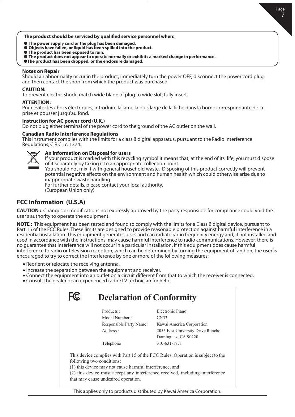 Declaration of conformity | Kawai CN33 User Manual | Page 7 / 72