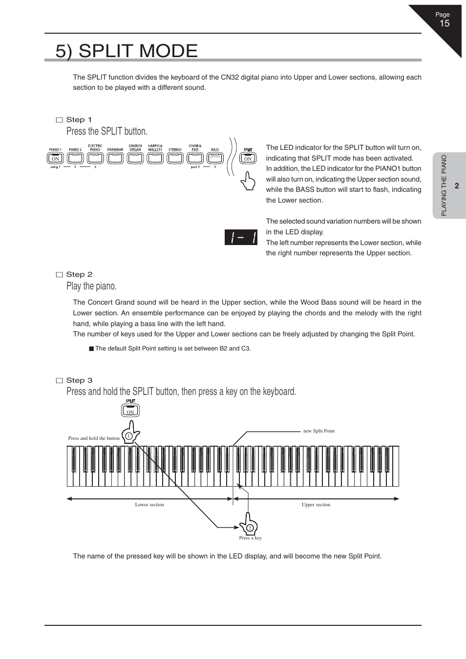 5) split mode, Press the split button, Play the piano | Kawai CN32 User Manual | Page 15 / 68