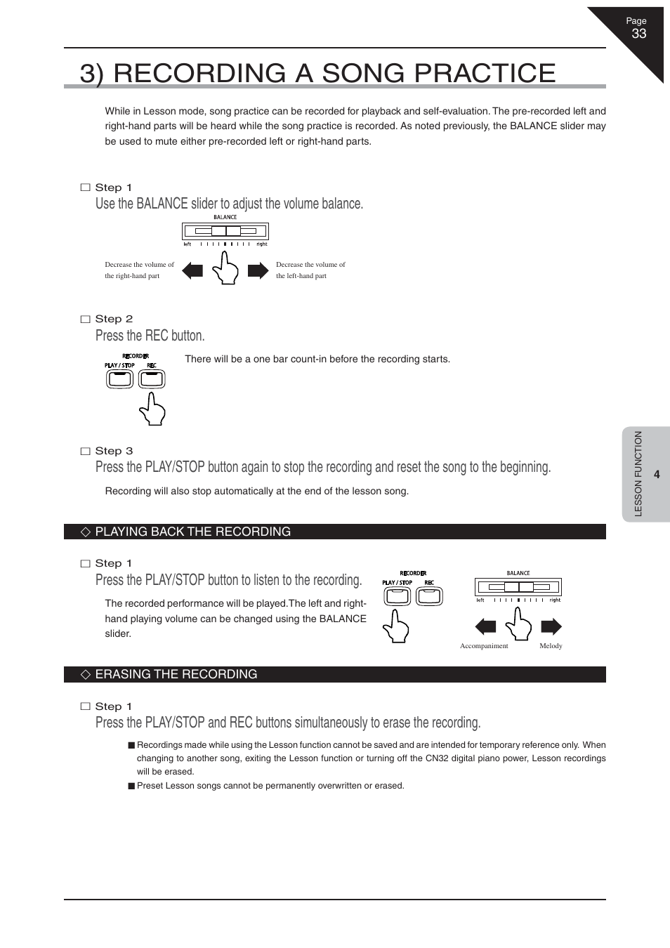 3) recording a song practice, Press the rec button | Kawai CN32 User Manual | Page 33 / 68